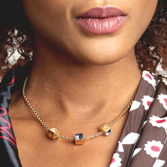 Louis Vuitton✨️ Gold Gamble Necklace Golden Rhinestones/Logo Cubes - Picture 7 of 14